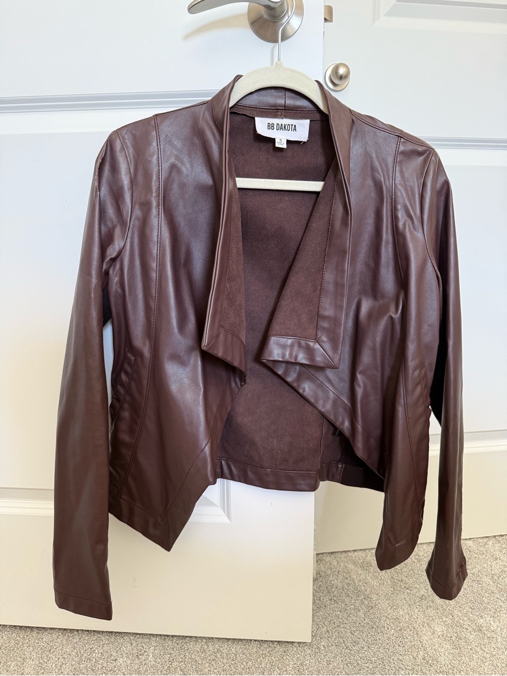 Brown Faux-Leather Draped Open Front Jacket